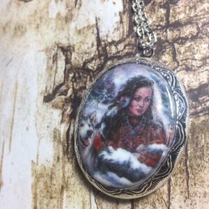 Native Tribal Wolf Porcelain Cameo Locket Necklace